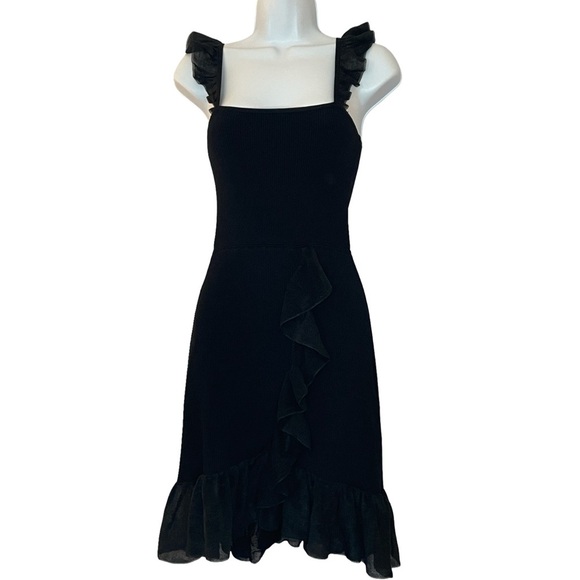 Sandro Laurana Black Ribbed Knit Ruffled Mesh Trimmed Mini Dress US Size 6 EU 38 - Picture 3 of 11